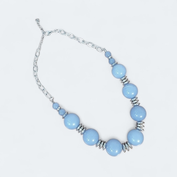 Blue Beaded Necklace With Silver Tone Accents Statement Jewelry - Picture 15 of 15